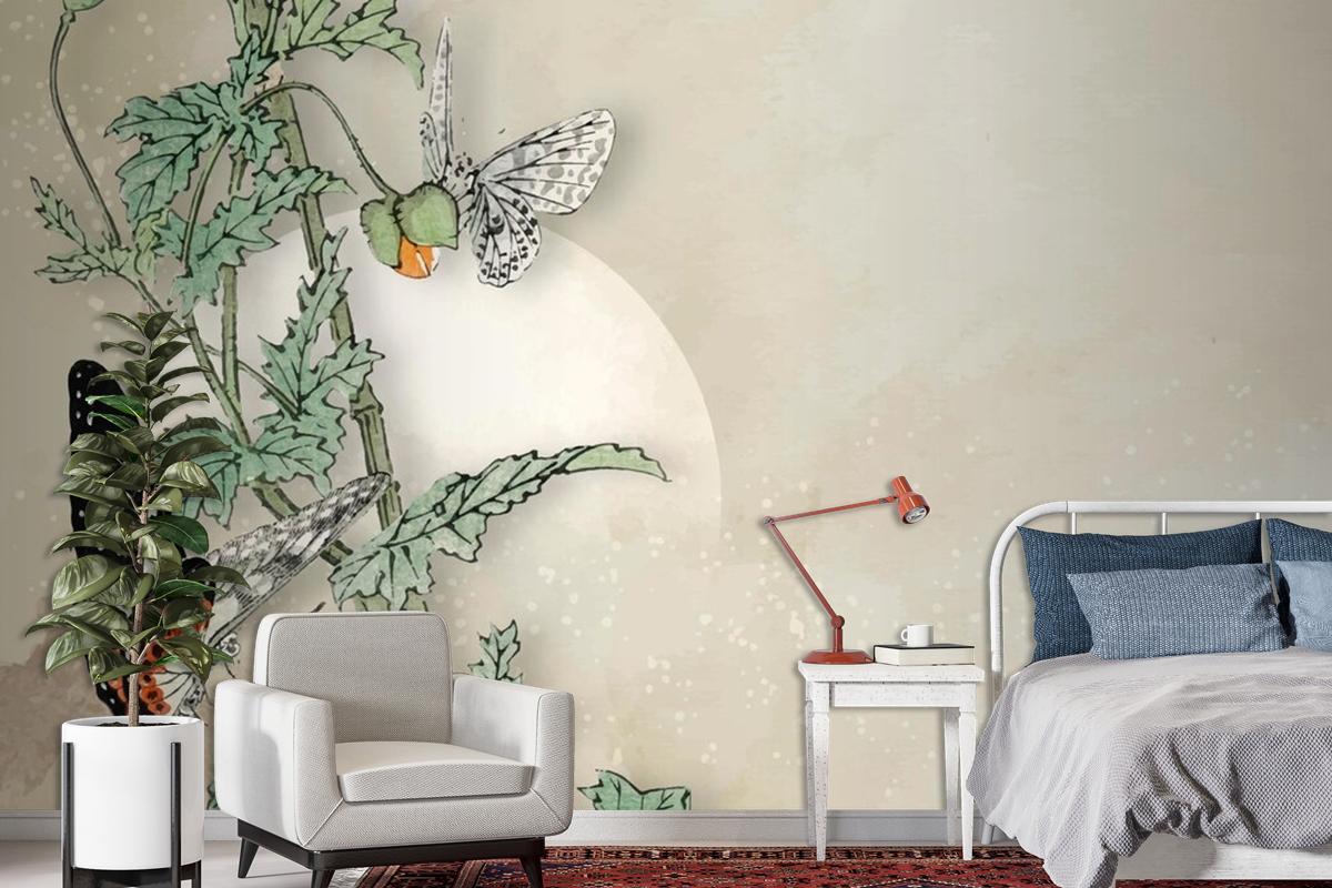 Leafy Butterfly Frame Design Wallpaper Mural