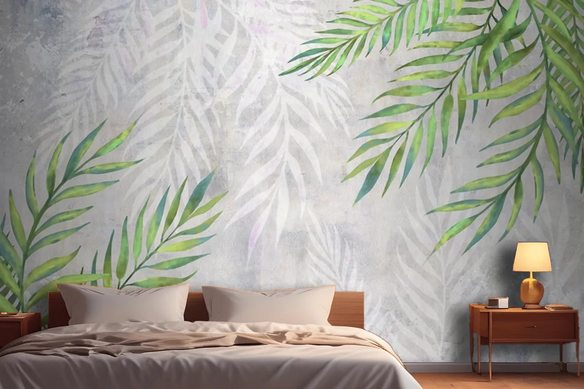 Leaves In The Corners On A Light Textured Wallpaper Mural