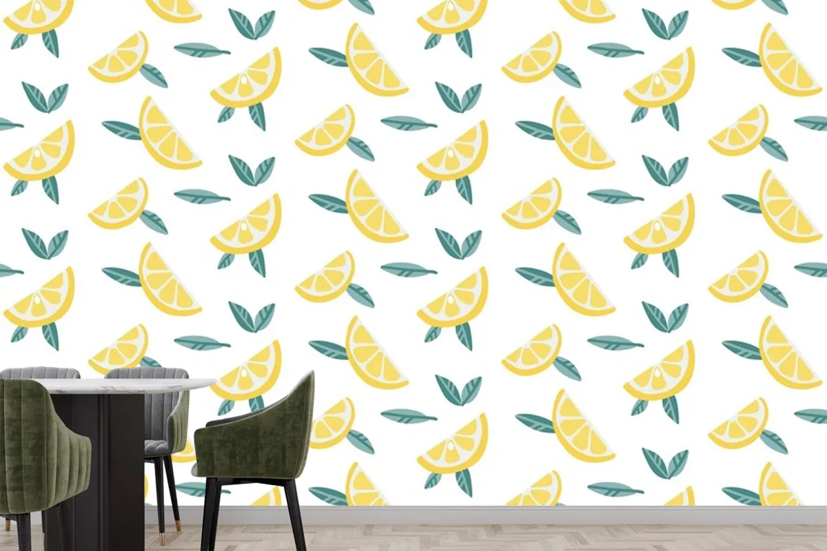 Lemon Fruit Slices With Leaves Seamless Pattern  Wallpaper Mural