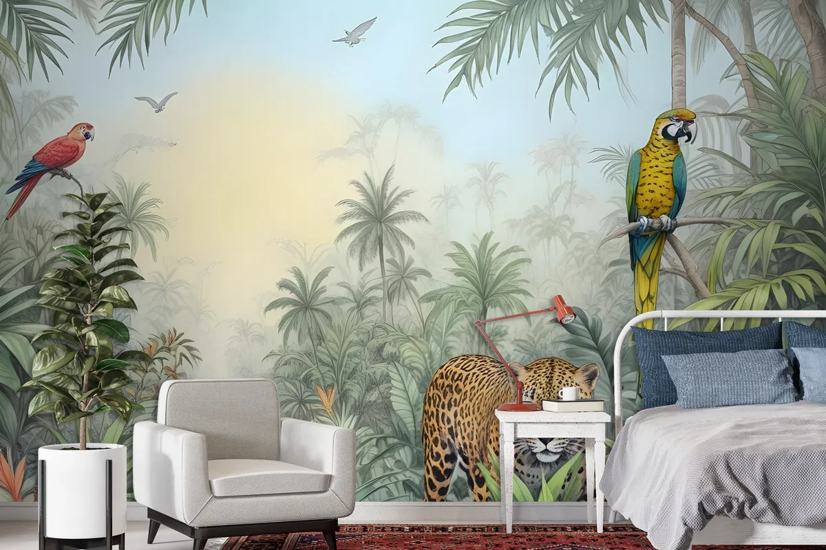 Leopard And Colorful Parrot In The Tropical Forest Wallpaper Mural