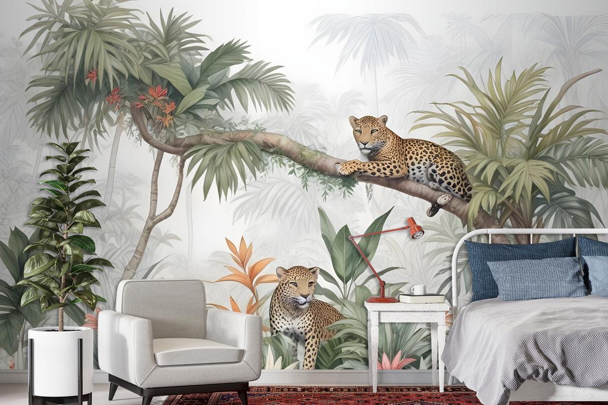 Leopards And Tropical Leaves Wallpaper Mural