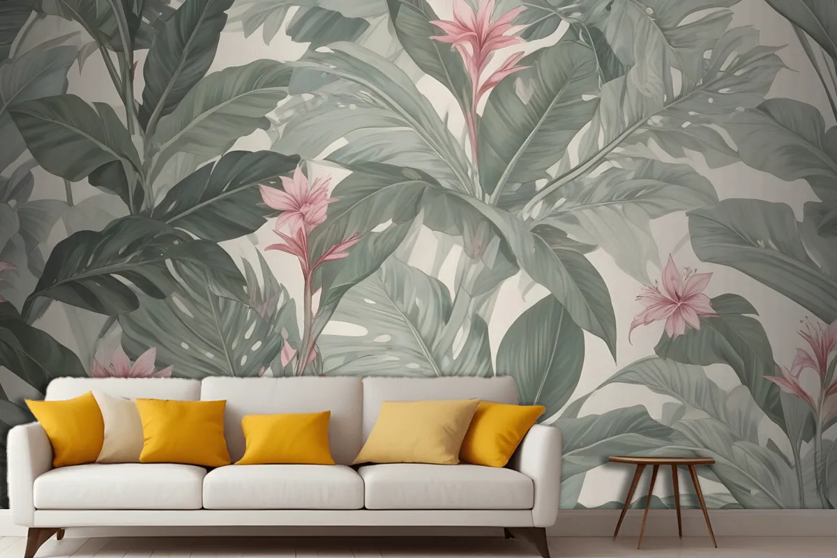 Light Background Large Green Leaves Pink Flowers Tropical Foliage Pattern Wallpaper Mural