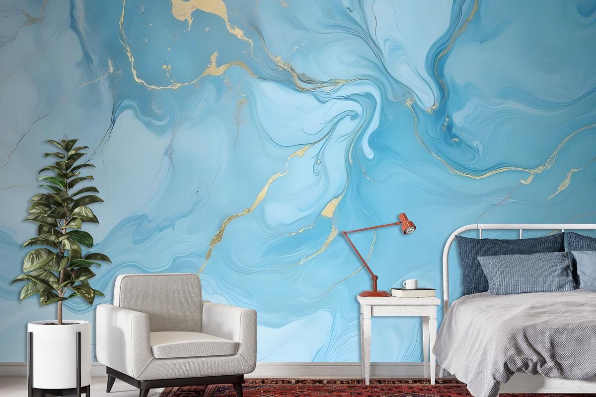 Light Blue Marble With Gold Look Splash Wallpaper Mural