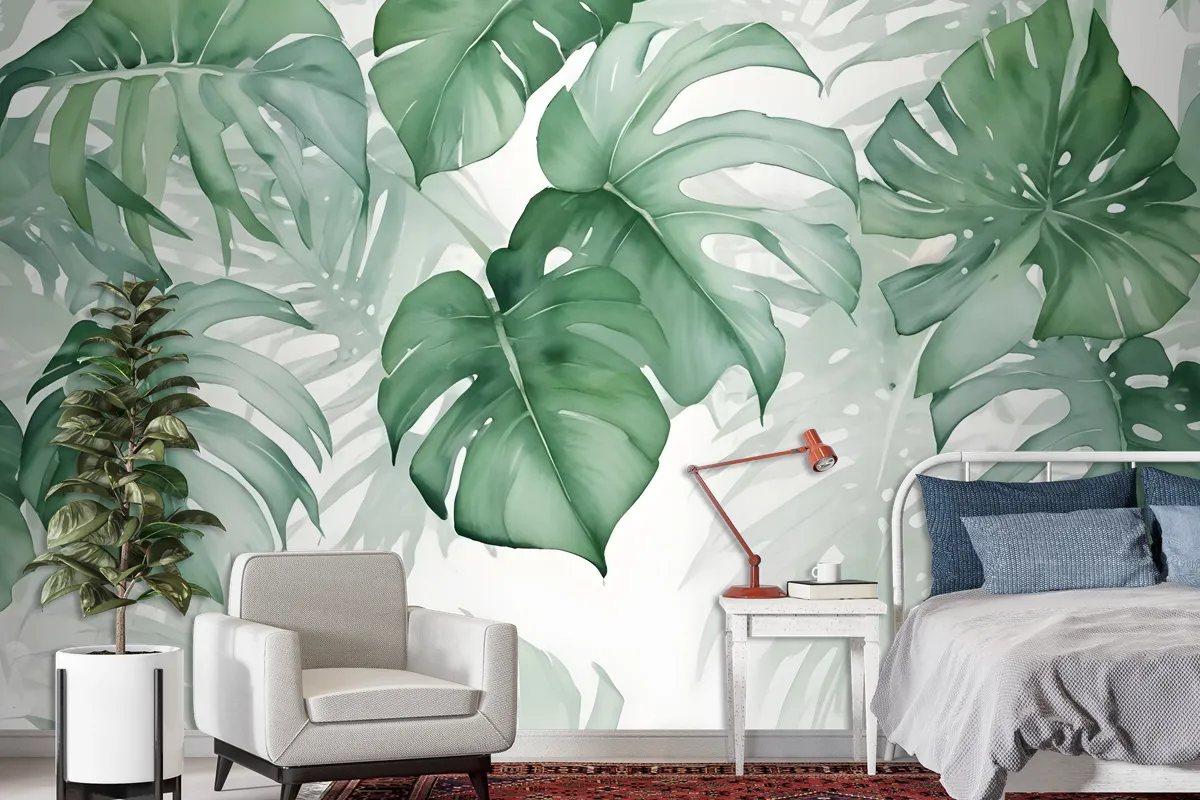 Light Green Tropical Leaves Wallpaper Mural