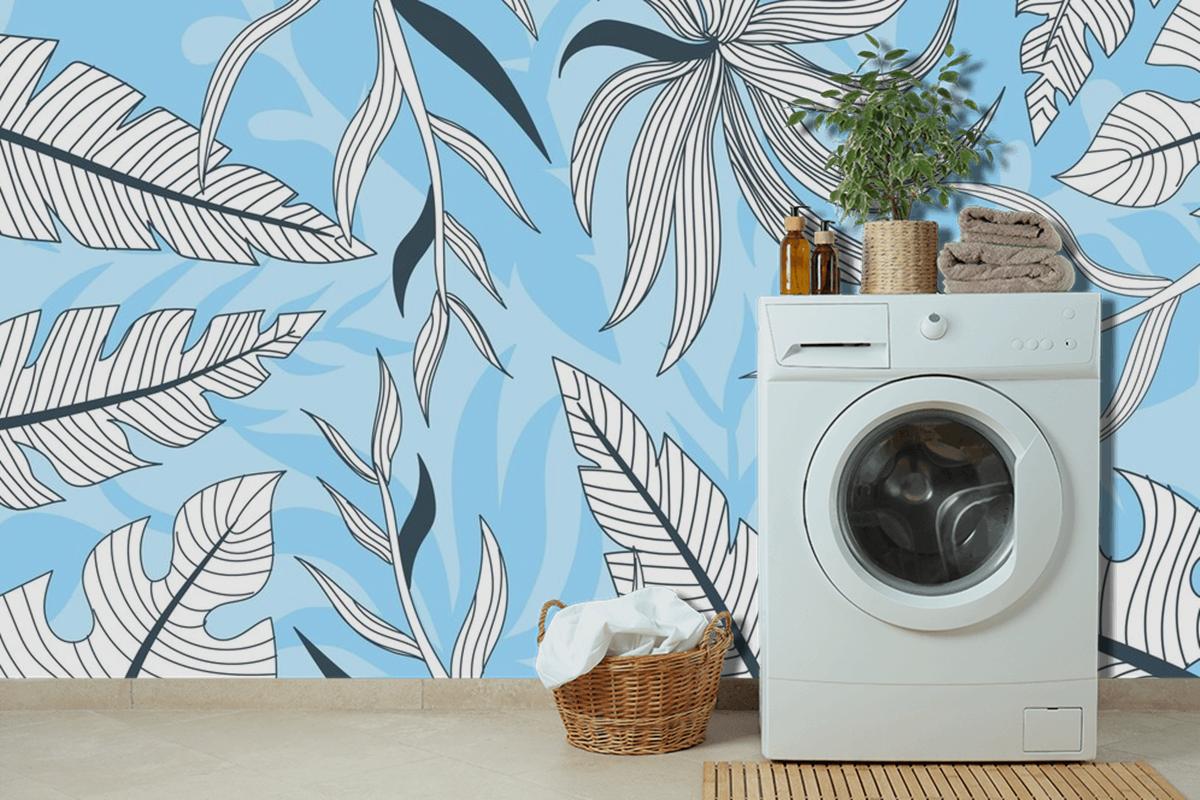 Linear Tropical Leaves With Pastel Color Laundry Wallpaper Mural