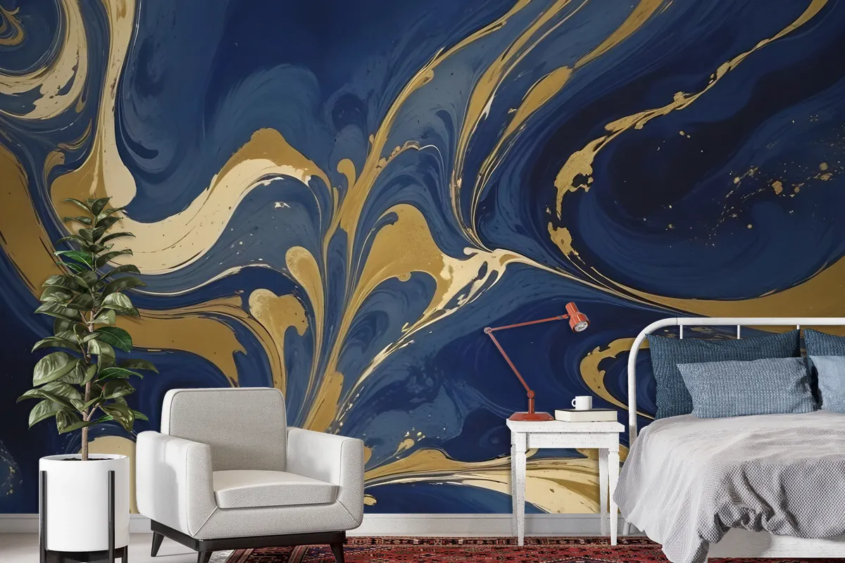 Liquid Abstract Marble Art Gold Blue Gradient Wallpaper Mural