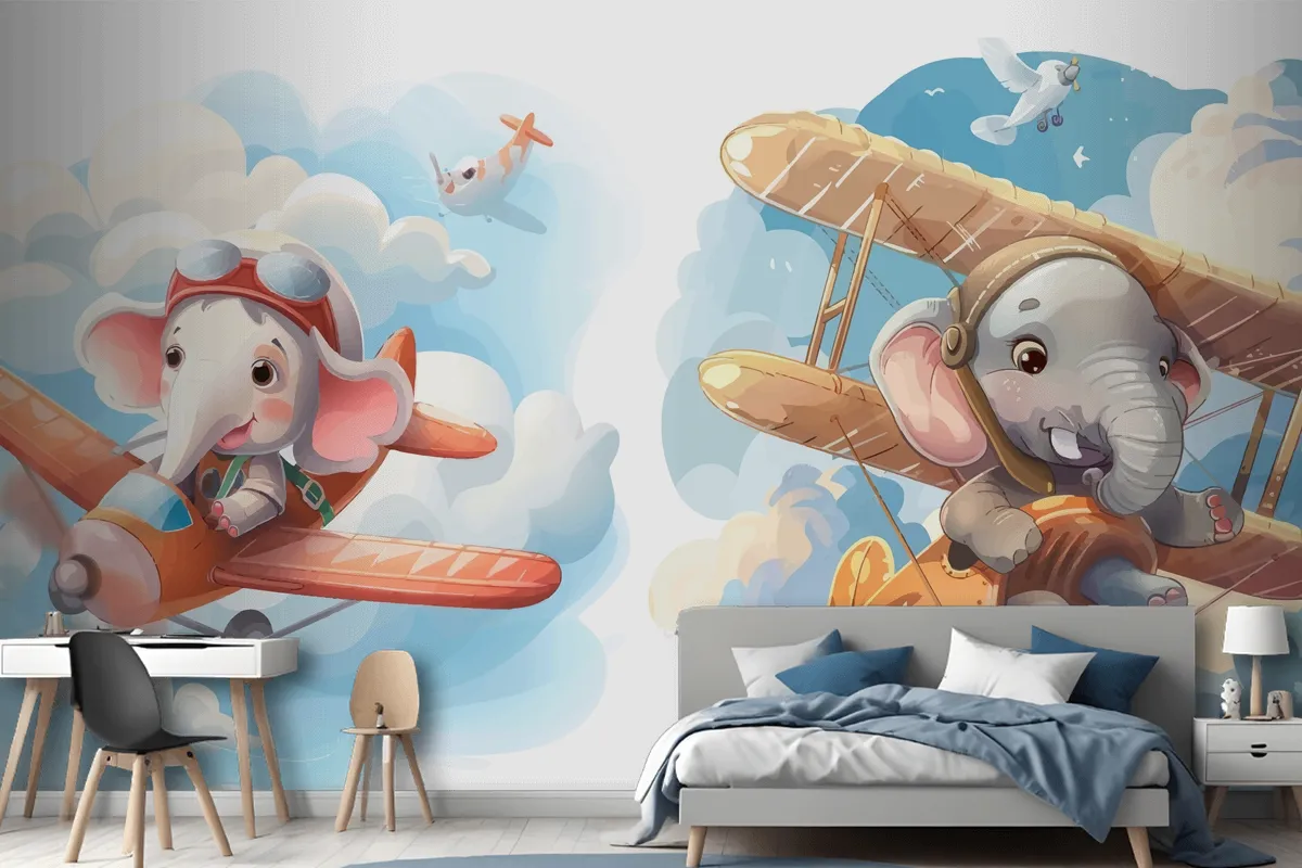 Little Elephant On Plane Wallpaper Mural