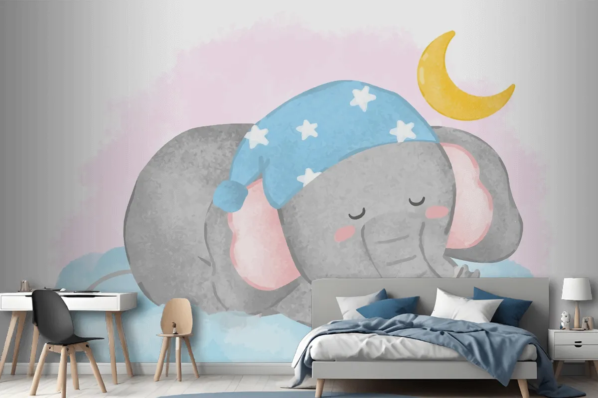 Lovely Elephant Sleeping On The Cloud In Painting Watercolor Wallpaper Mural