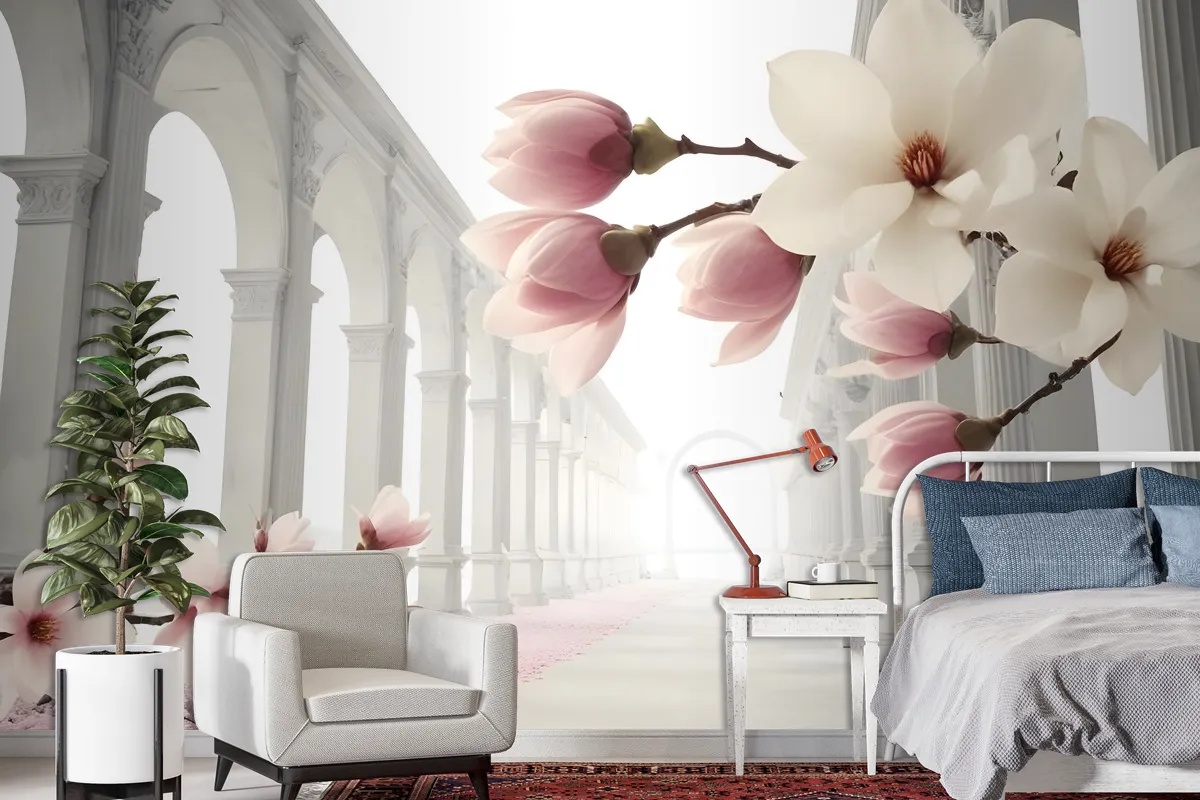 Magnolia Blossom With Column Wallpaper Mural