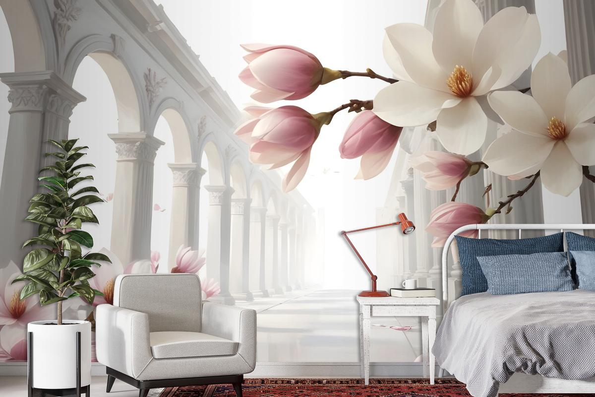 Magnolia Blossom With Column Wallpaper Mural