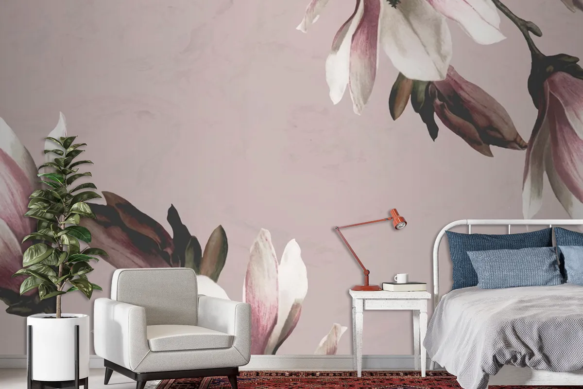 Magnolia Border On Beige Background Wallpaper Mural