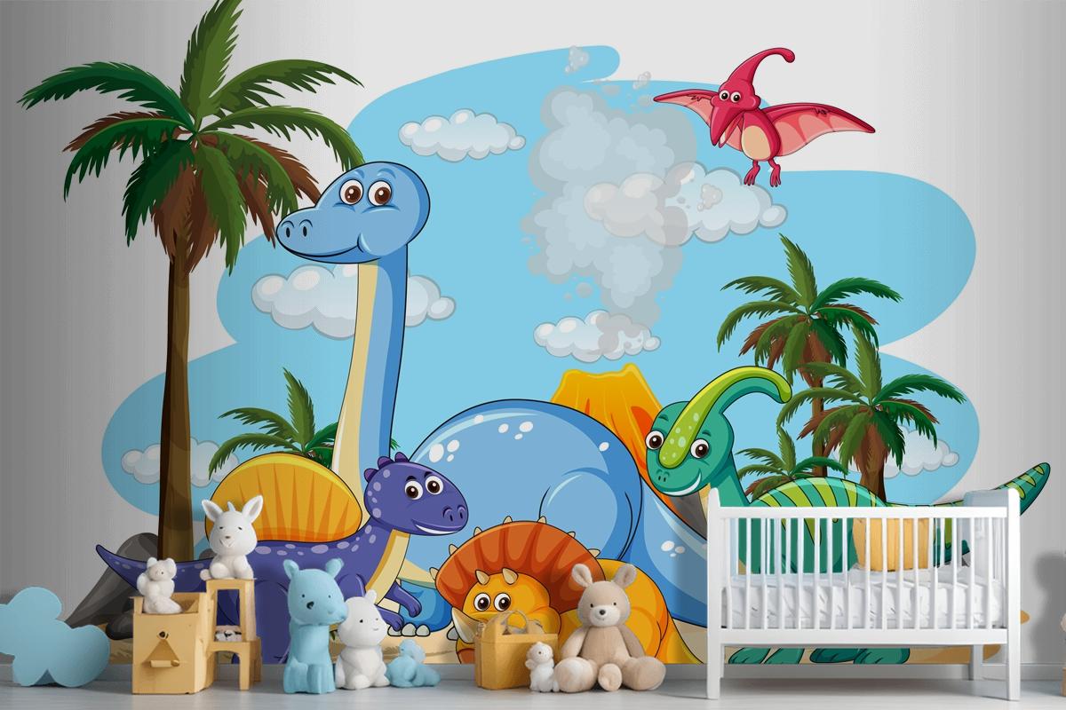 Many Cute Dinosaurs Character In Prehistoric Land Isolated Wallpaper Mural