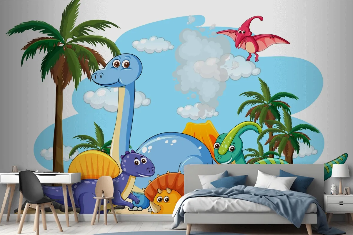 Many Cute Dinosaurs Character In Prehistoric Land Isolated Wallpaper Mural