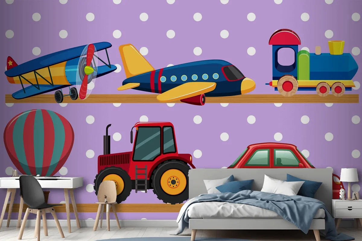 Many Transportation Toys On Wooden Shelves Wallpaper Mural