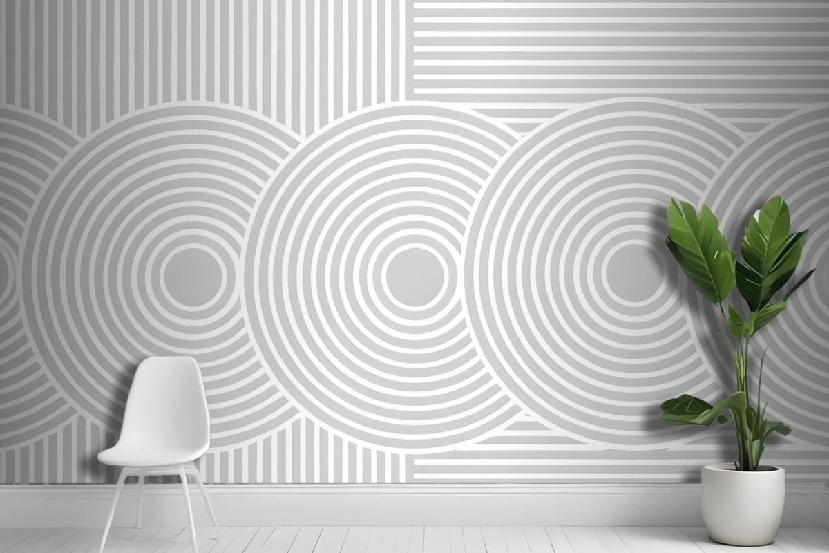 Minimalist Abstract Geometric Patterns Of Concentric Circles And Vertical Lines In Shades Of Gray Wallpaper Mural