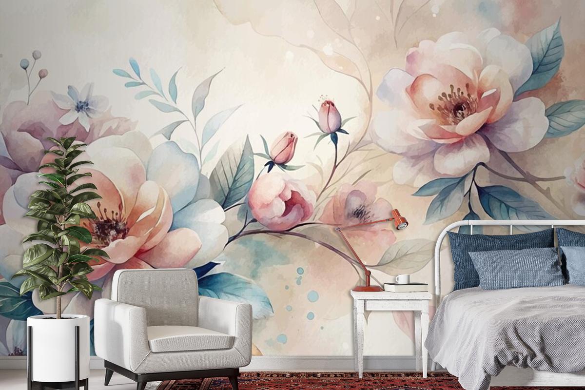 Minimalist Blooming Flower Watercolor Background Beautifully Scattered Wallpaper Mural