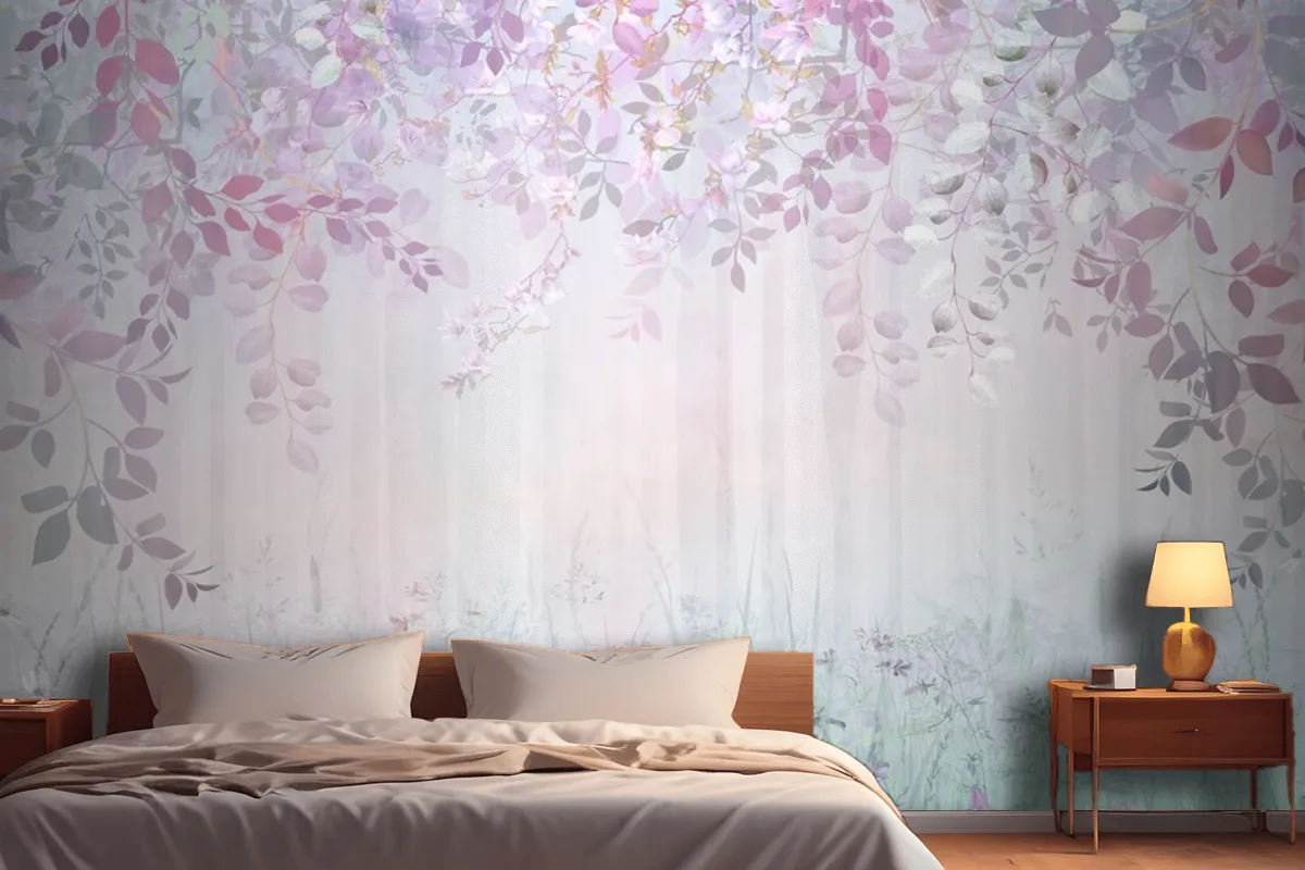 Misty Forest In A Rainbow Haze With Hanging Branches And Meadow Flowers Wallpaper Mural