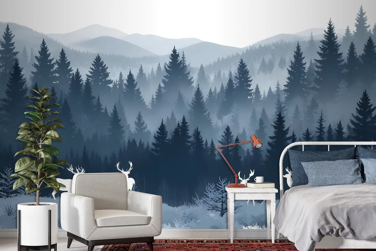 Misty Forest Landscape And Horned Deer Wallpaper Mural