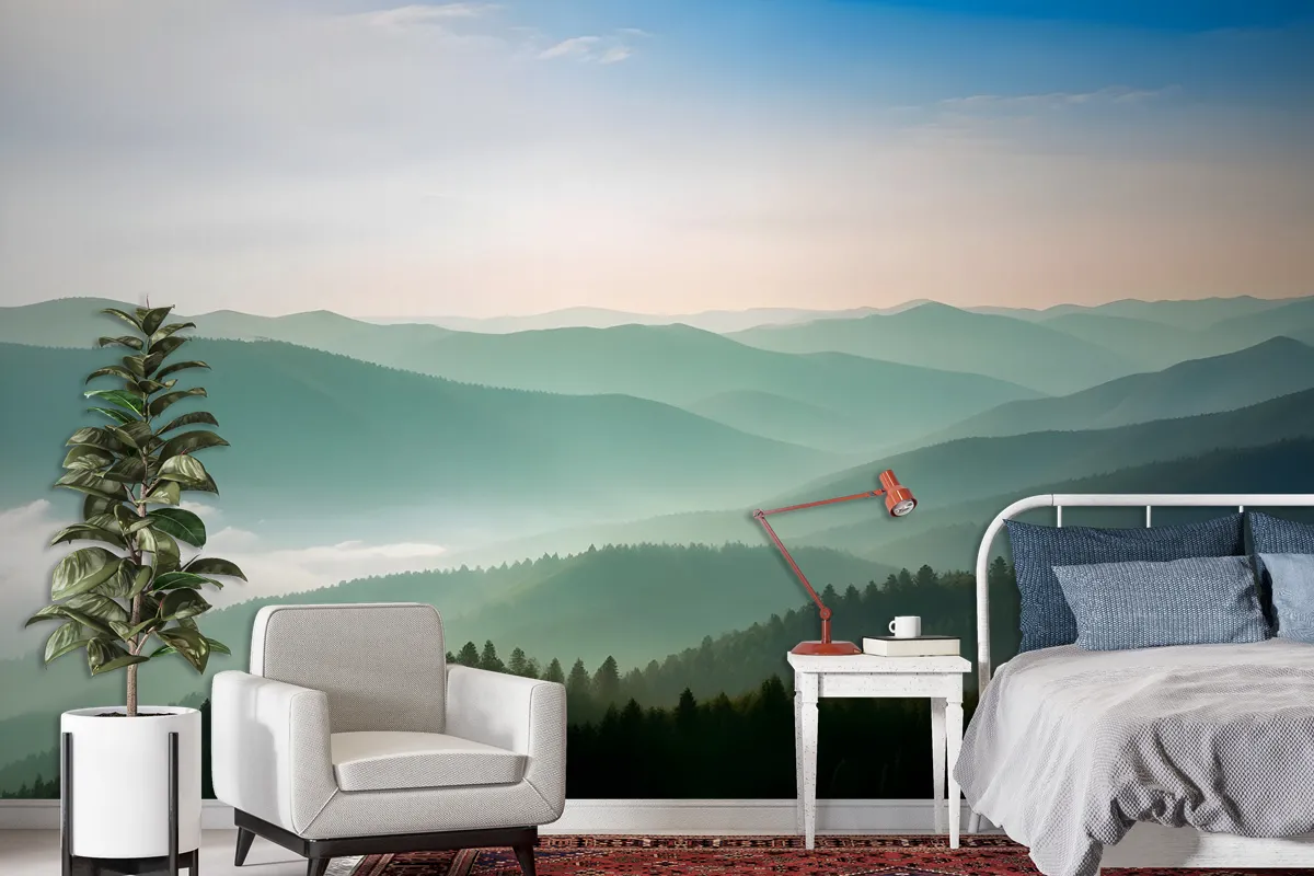 Misty Mountain Green Forest Scenic Wallpaper Mural