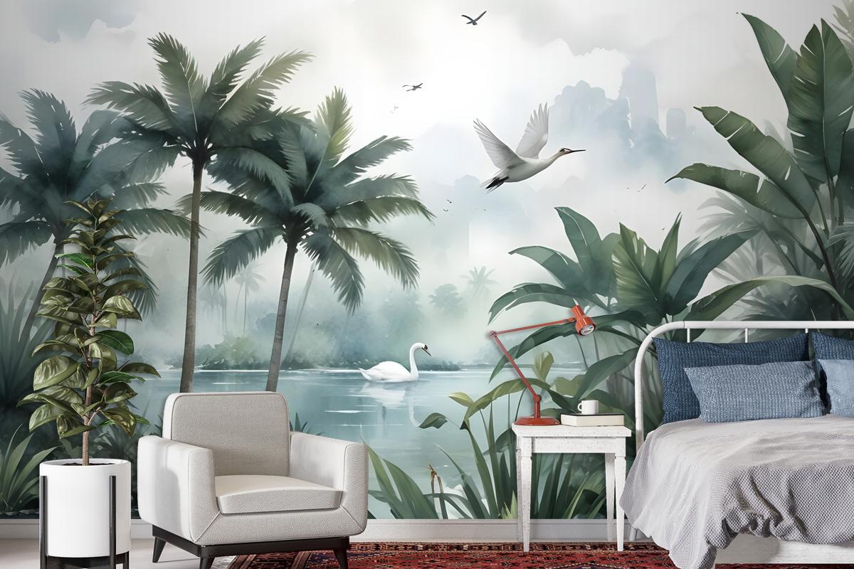 Misty Tropical Forest With Lake Wallpaper Mural