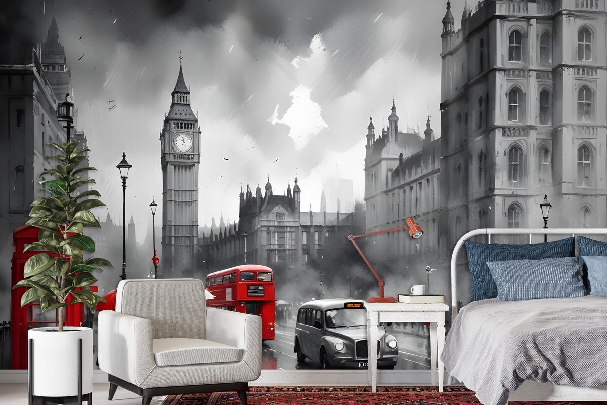 Monochrome Charcoal City Landscape And Red Bus Wallpaper Mural