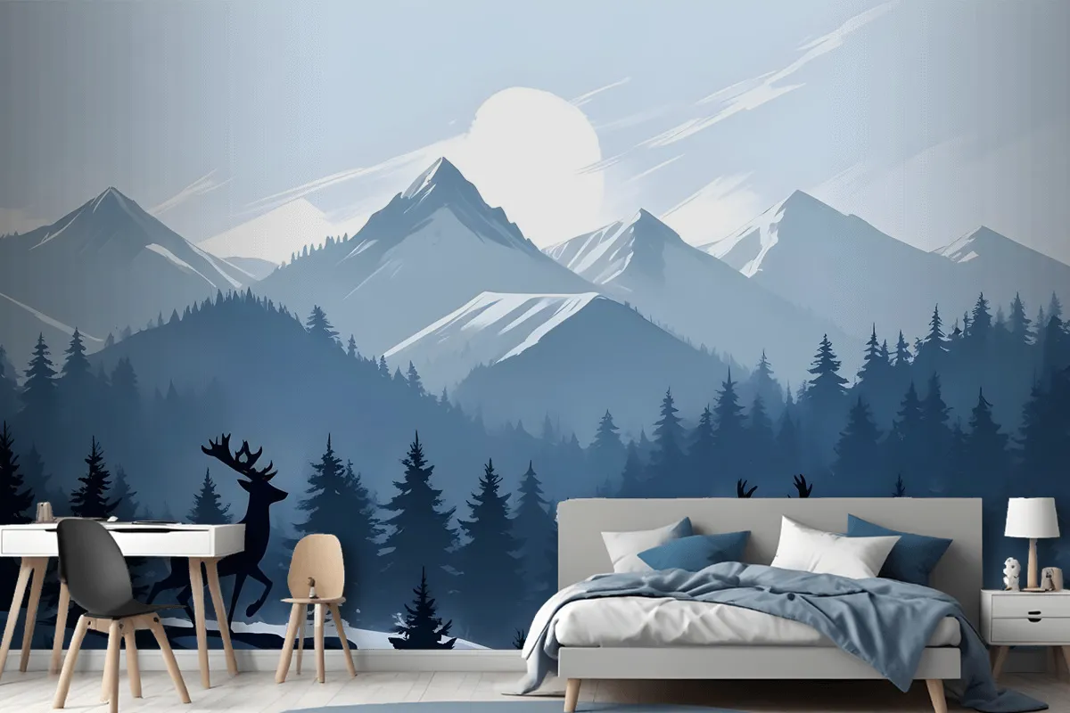 Monochrome Dark Blue Snowy Forest With Horned Deer Silhouette For Kids Wallpaper Mural