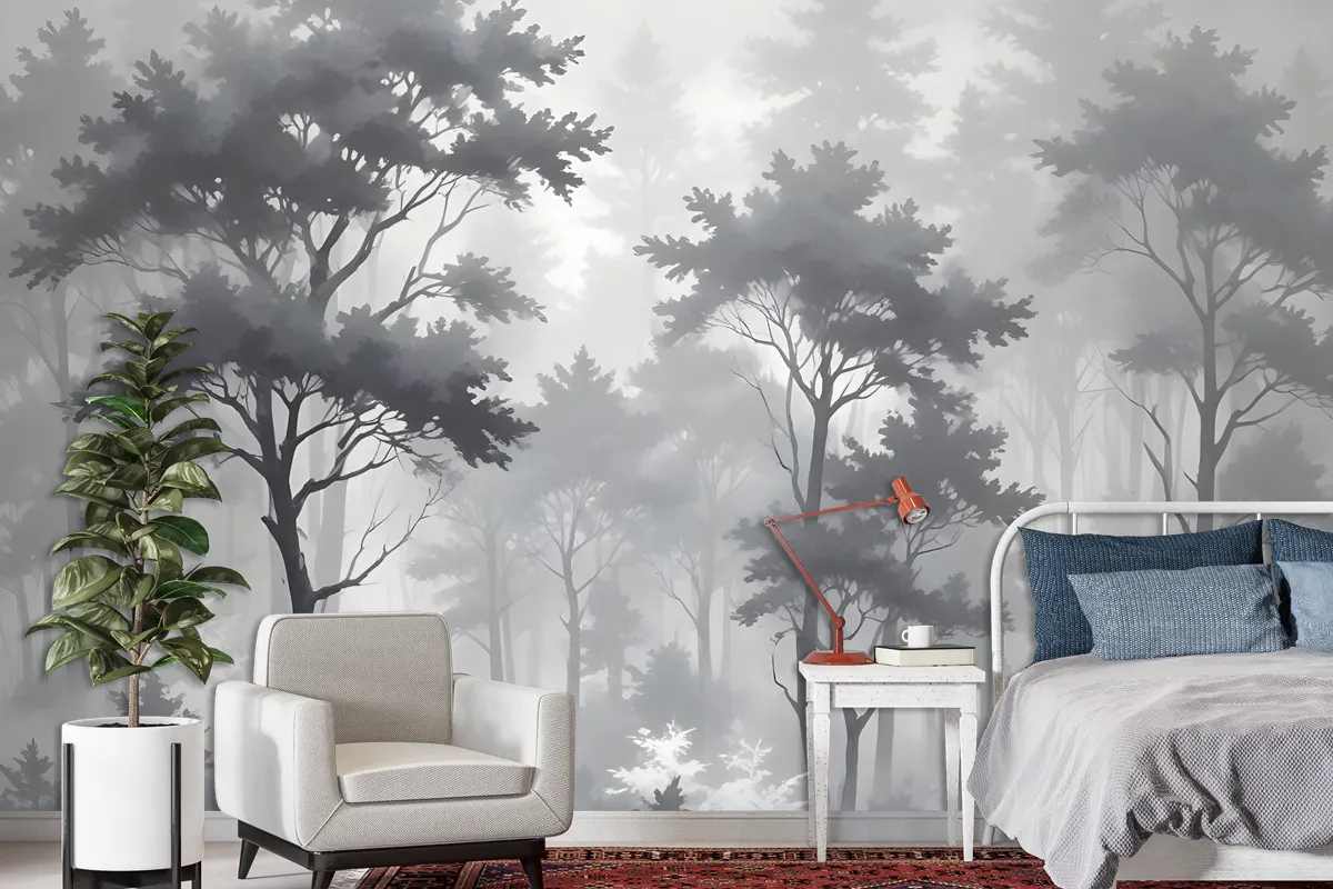 Monochrome Forest Silhouette Landscape Wallpaper Mural