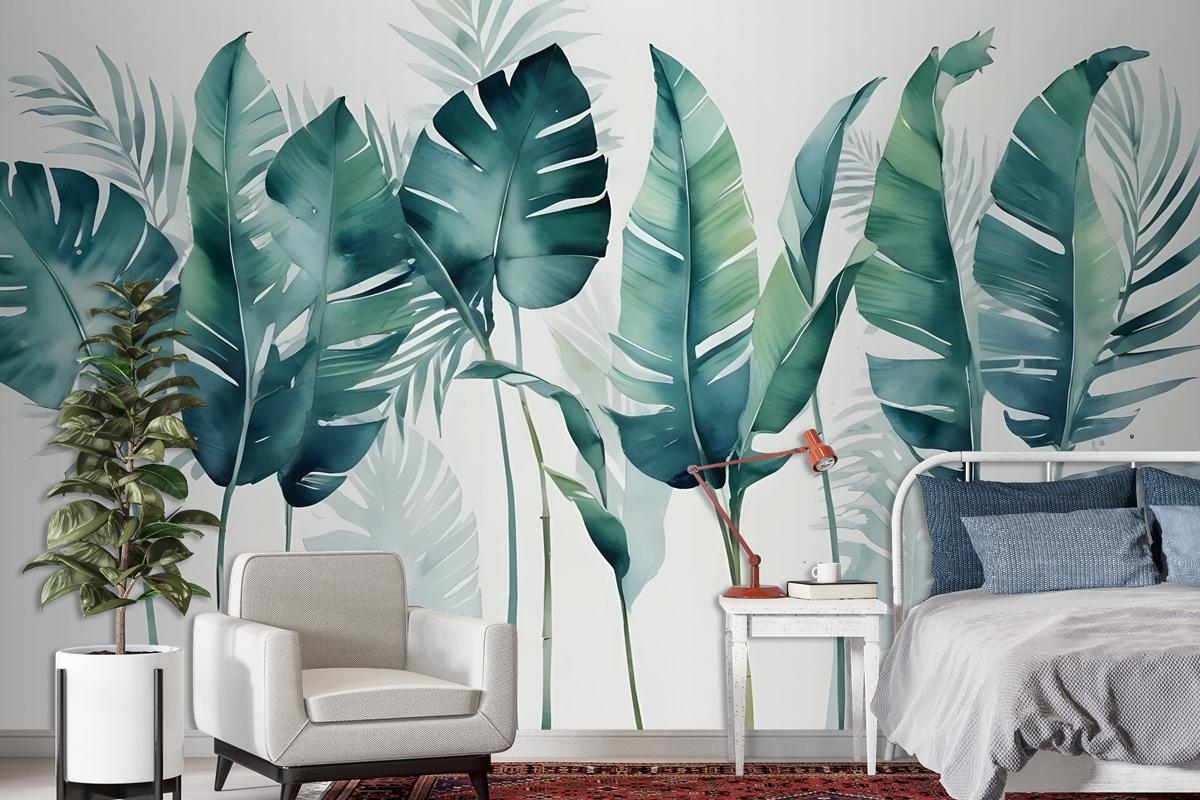 Monochrome Green Banana Leaf Wallpaper Mural