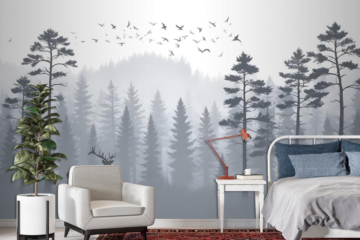 Monochrome Mountain And Forest Scape Wallpaper Mural