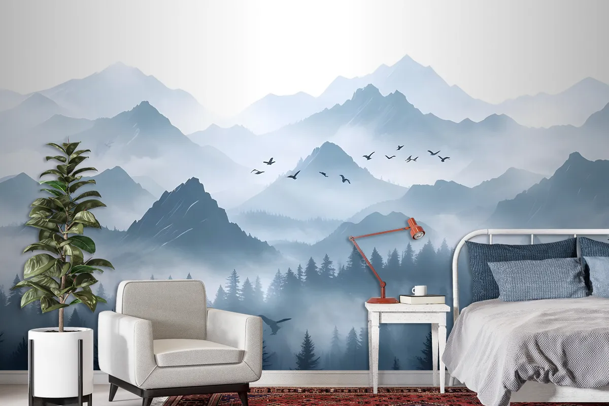 Monochrome Mountainscape With Misty Forest Wallpaper Mural