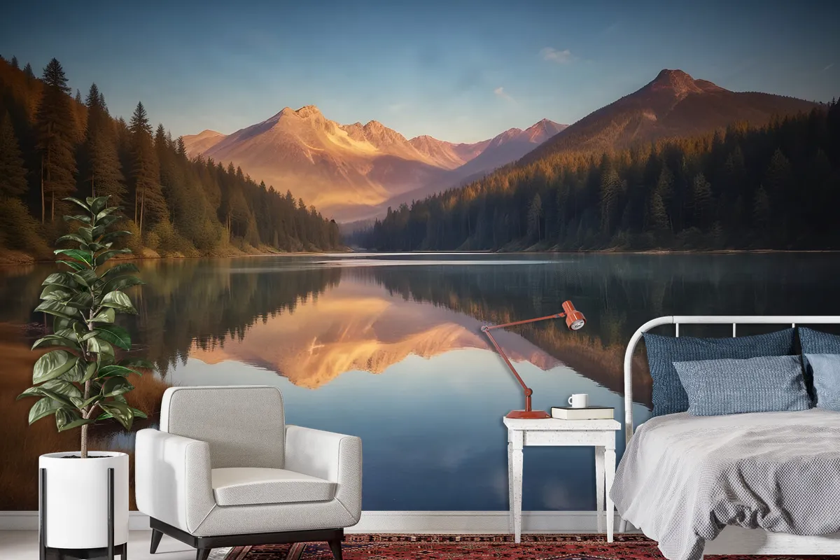 Mountain And Lake Landscape In The Sunrise Wallpaper Mural