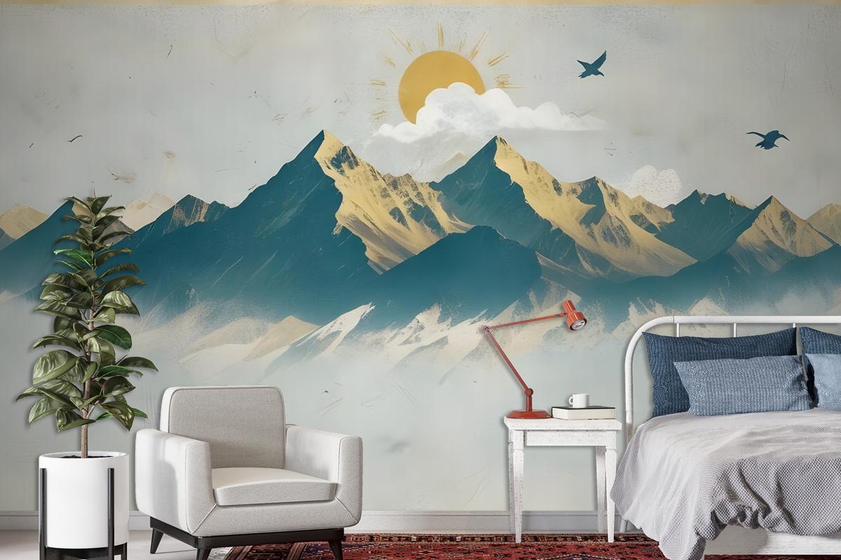 Mountain Sunrise Landscape And Old Plaid Texture Wallpaper Mural