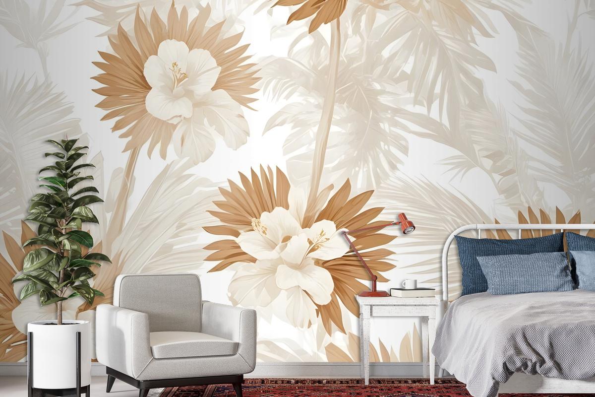 Neutral Boho Plants With Palm Leaf Wallpaper Mural