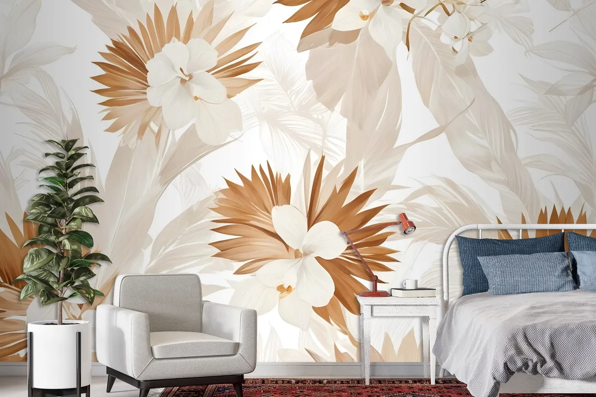 Neutral Boho Plants With Palm Leaf Wallpaper Mural