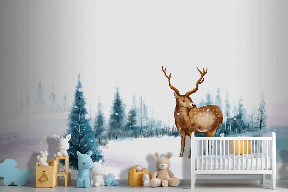 New Year And Christmas Tree Winter Landscape Background With Reindeer Wallpaper Mural