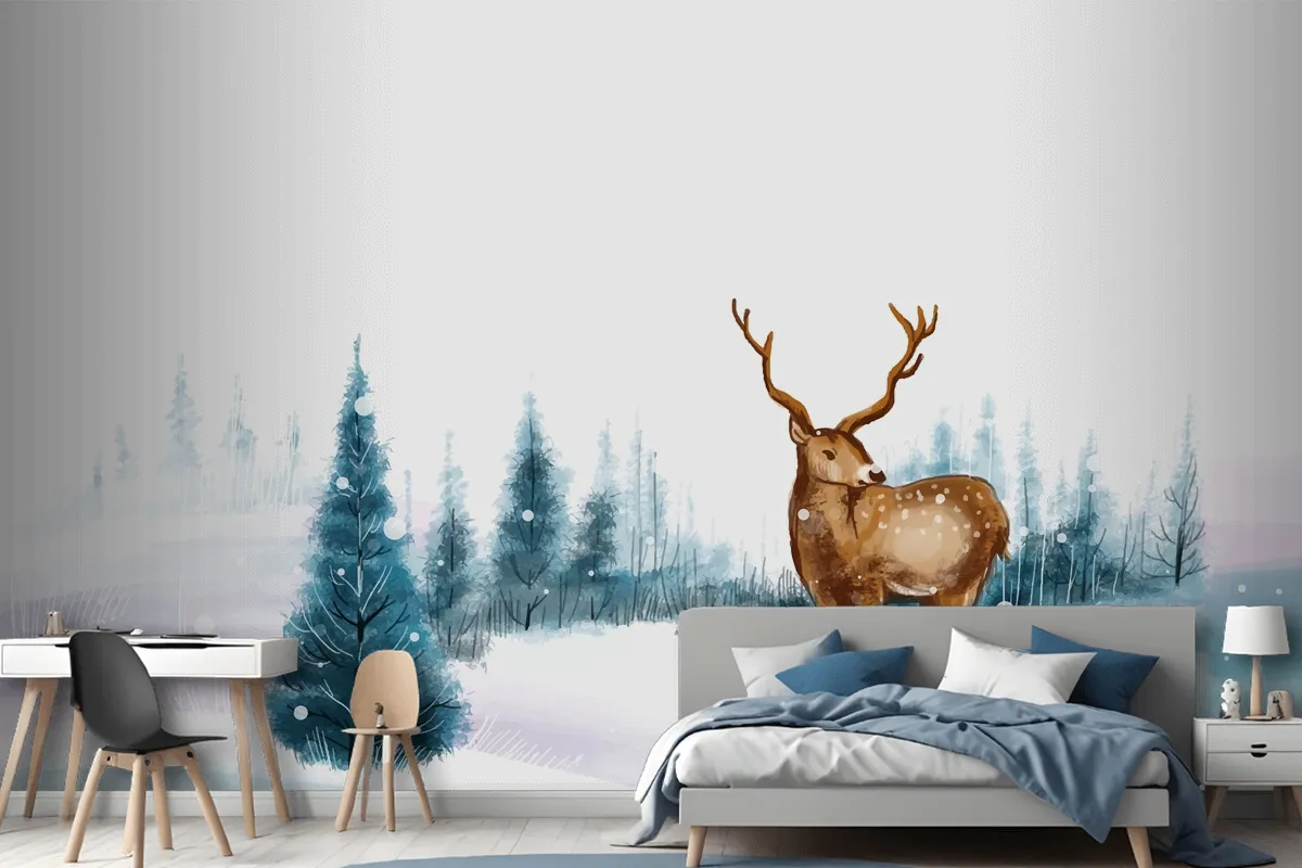 New Year And Christmas Tree Winter Landscape Background With Reindeer Wallpaper Mural