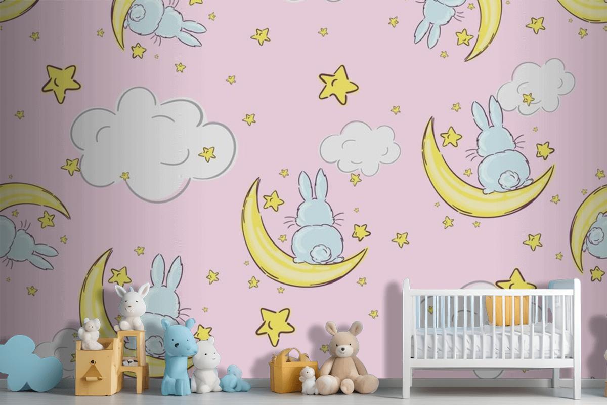 Night Sky Doodle Pattern With Cute Rabbits Sitting On Moons And Stars Seamless Wallpaper Mural