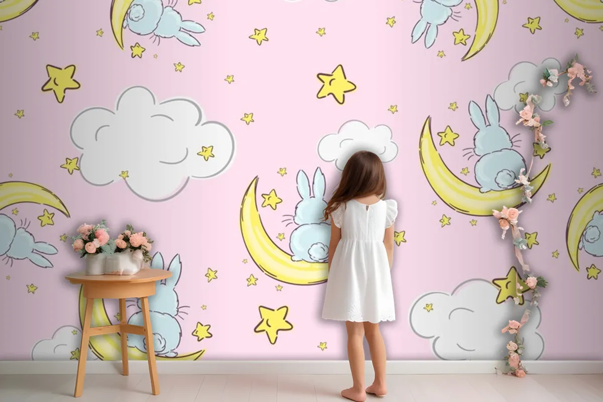 Night Sky Doodle Pattern With Cute Rabbits Sitting On Moons And Stars Seamless Wallpaper Mural