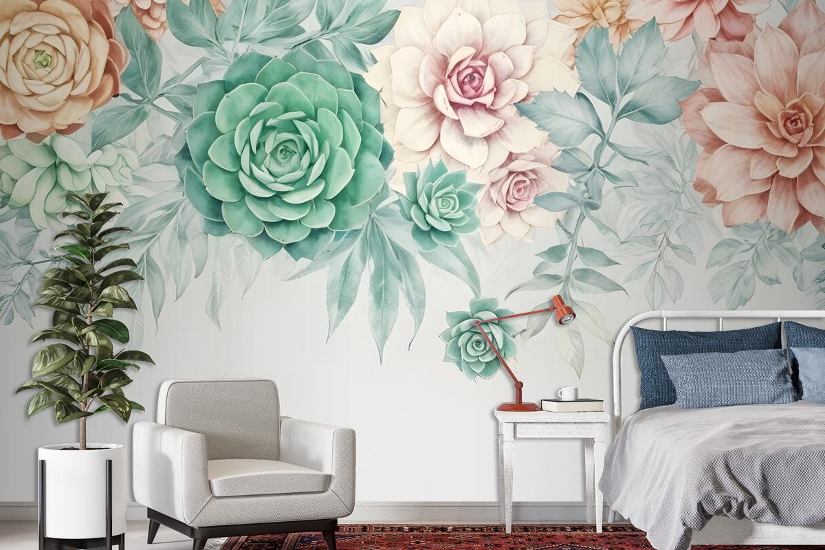 Nostalgic Soft Green Vine Floral Art Wallpaper Mural