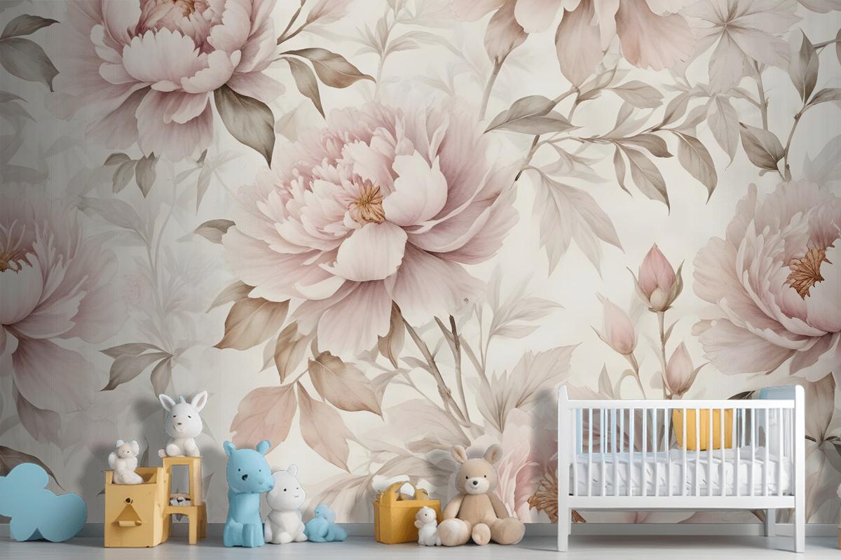 Nursery Pastel Peony Watercolor Floral For Girls Wallpaper Mural