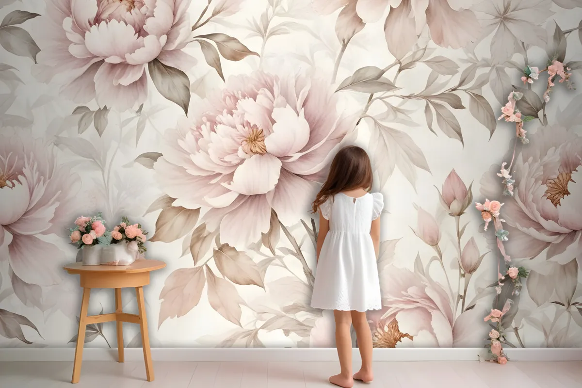 Nursery Pastel Peony Watercolor Floral For Girls Wallpaper Mural