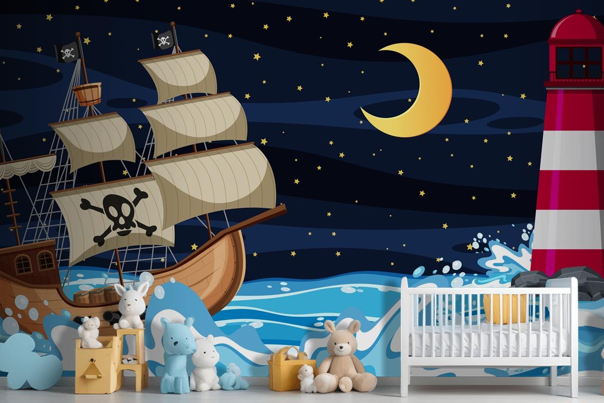 Ocean Scene At Night With Pirate Ship In Cartoon Style Wallpaper Mural