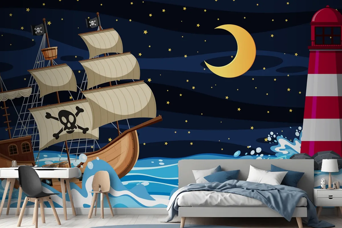 Ocean Scene At Night With Pirate Ship In Cartoon Style Wallpaper Mural