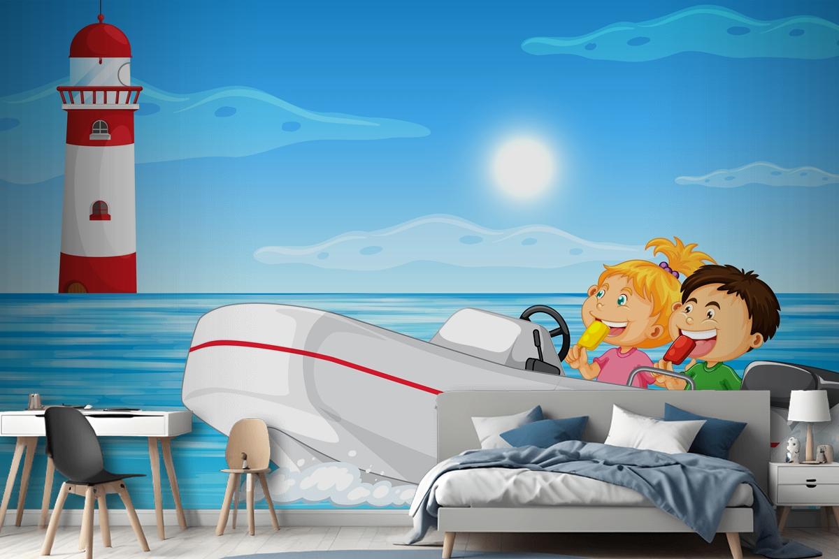 Ocean Scenery With Children On Motorboat Wallpaper Mural