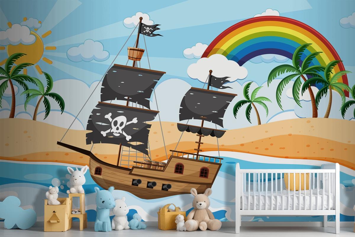 Ocean With Pirate Ship At Day Time Scene In Cartoon Style Wallpaper Mural