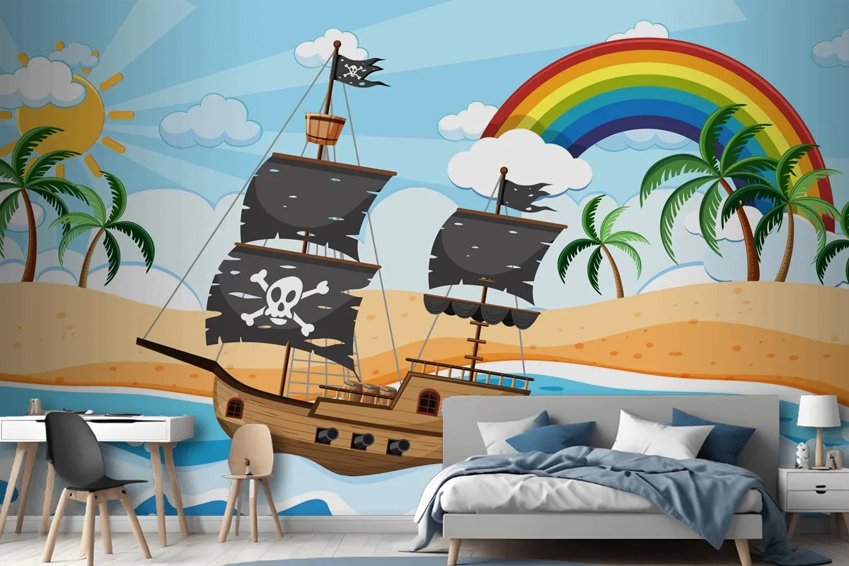 Ocean With Pirate Ship At Day Time Scene In Cartoon Style Wallpaper Mural