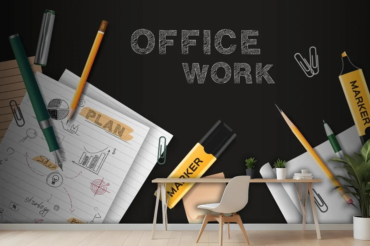 Office Work Black Chalkboard With Sheets Of Paper With Notes Scattered On It Realistic Wallpaper Mural