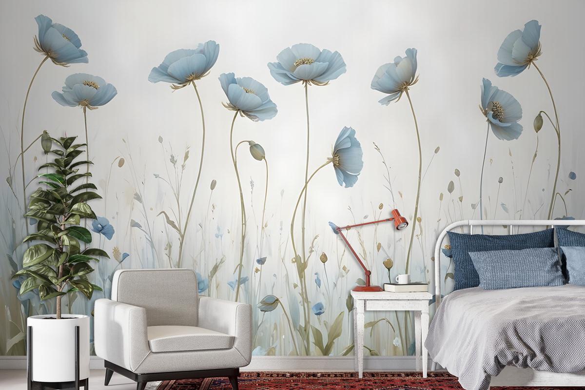 Oil Painting Blue Poppy Flowers Wallpaper Mural