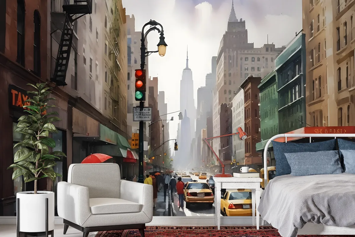 Oil Paintinging Style Street View Of New York City Landscape Wallpaper Mural