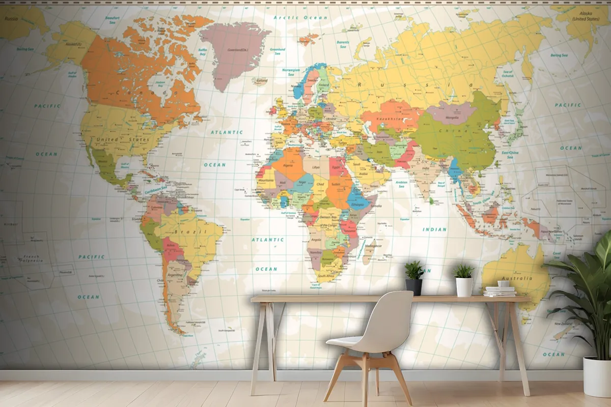 Old Retro World Map With Lakes And Rivers Wallpaper Mural